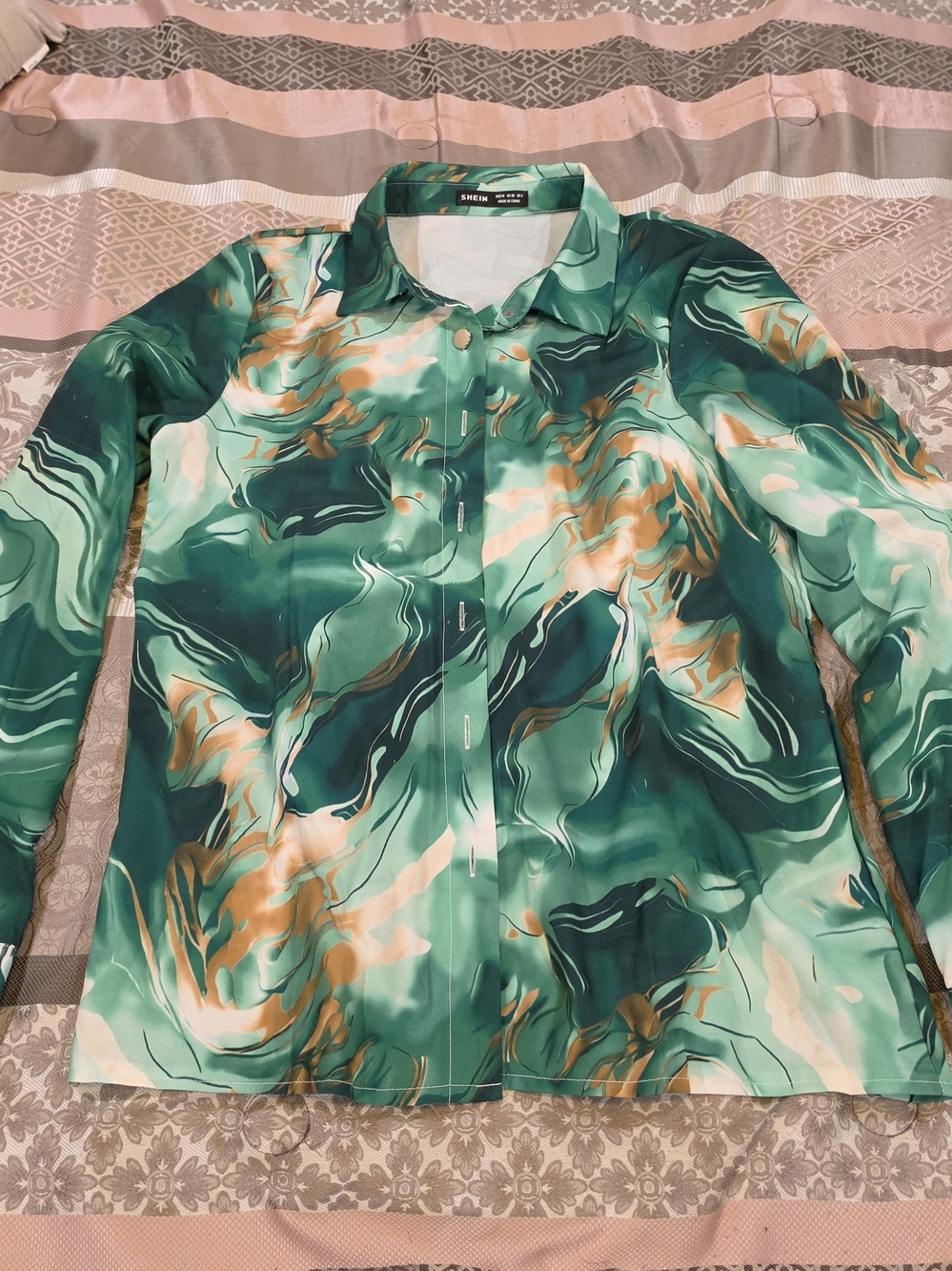 Green Marble Print Button-Up Shirt